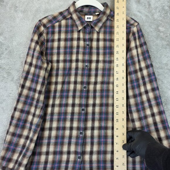 Uniqlo Shirt Womens Large Brown Beige Plaid Button Down Long Sleeve 100% Cotton - Picture 5 of 13